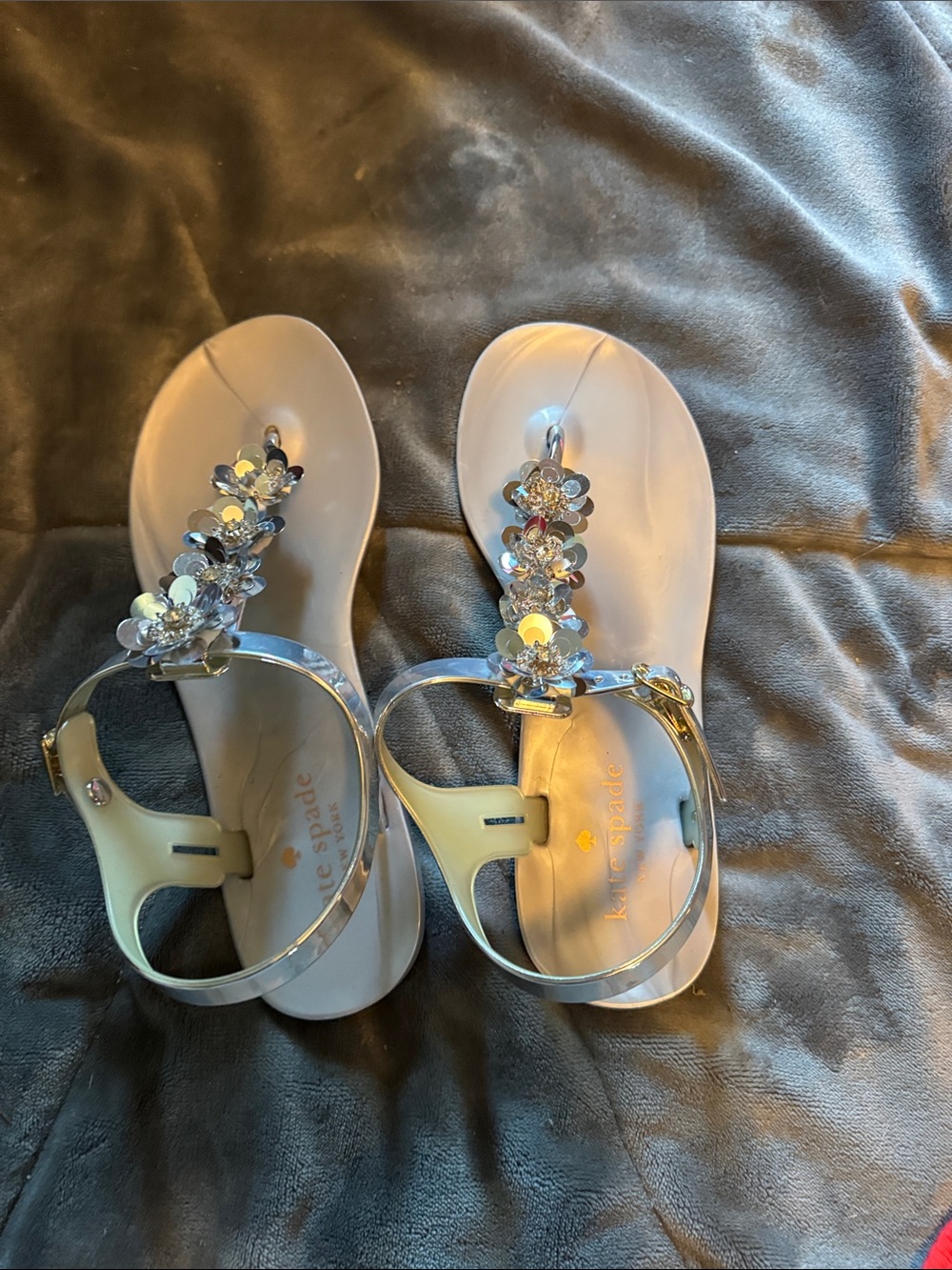 kate spade Silver Sequin Floral Jelly T-Strap Sandals